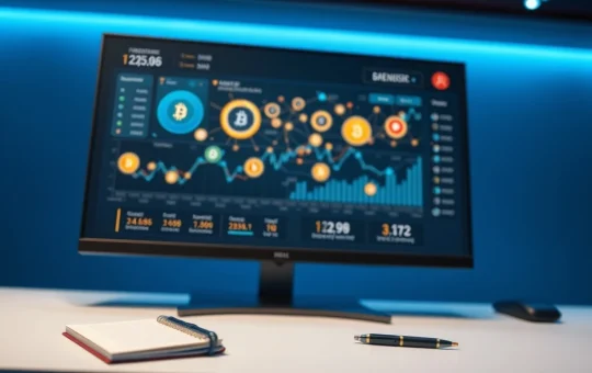 Financial dashboard displaying cryptocurrency token icons and blockchain visualizations for presale analysis.