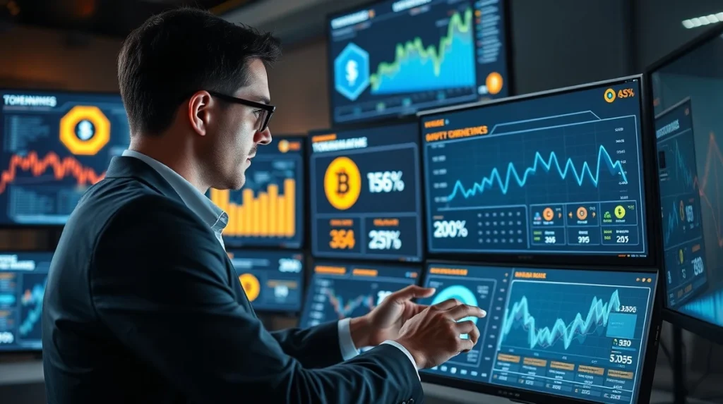 Professional investor analyzing APEMARS crypto presale data on digital interface with blockchain visualizations