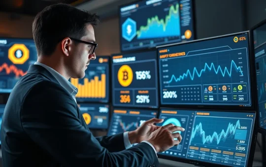 Professional investor analyzing APEMARS crypto presale data on digital interface with blockchain visualizations