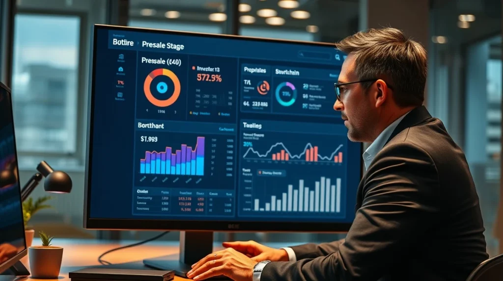 Analyst reviewing APEMARS Stage 12 presale data and tokenomics on digital dashboard