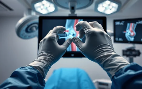Surgeon performing minimally invasive arthroscopic knee surgery in a modern operating room.