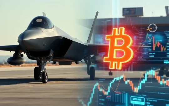 Arthur Hayes analysis links U.S. military aircraft and Bitcoin symbol, representing geopolitical spending and crypto market impact.