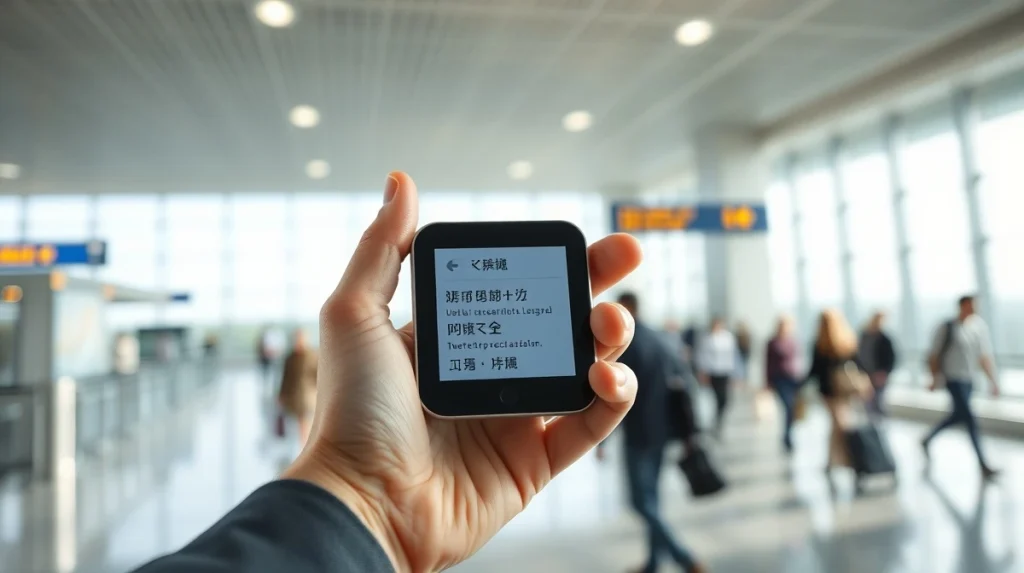 A modern smart translator device in use at an international airport, highlighting AI language technology.