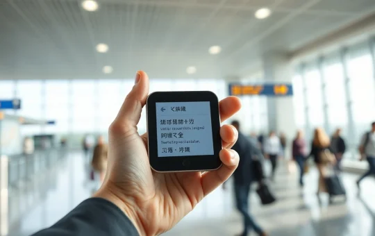 A modern smart translator device in use at an international airport, highlighting AI language technology.
