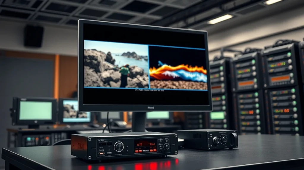 Professional video encoding workstation showing H.266 and AV1 codec comparison for industry analysis