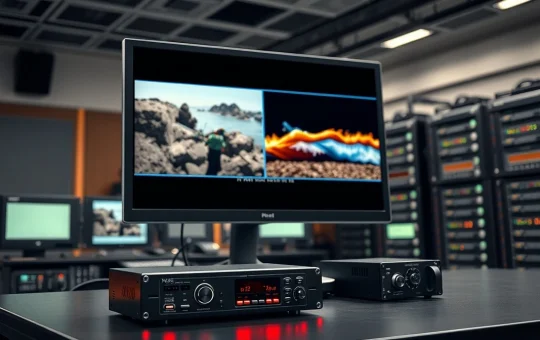 Professional video encoding workstation showing H.266 and AV1 codec comparison for industry analysis