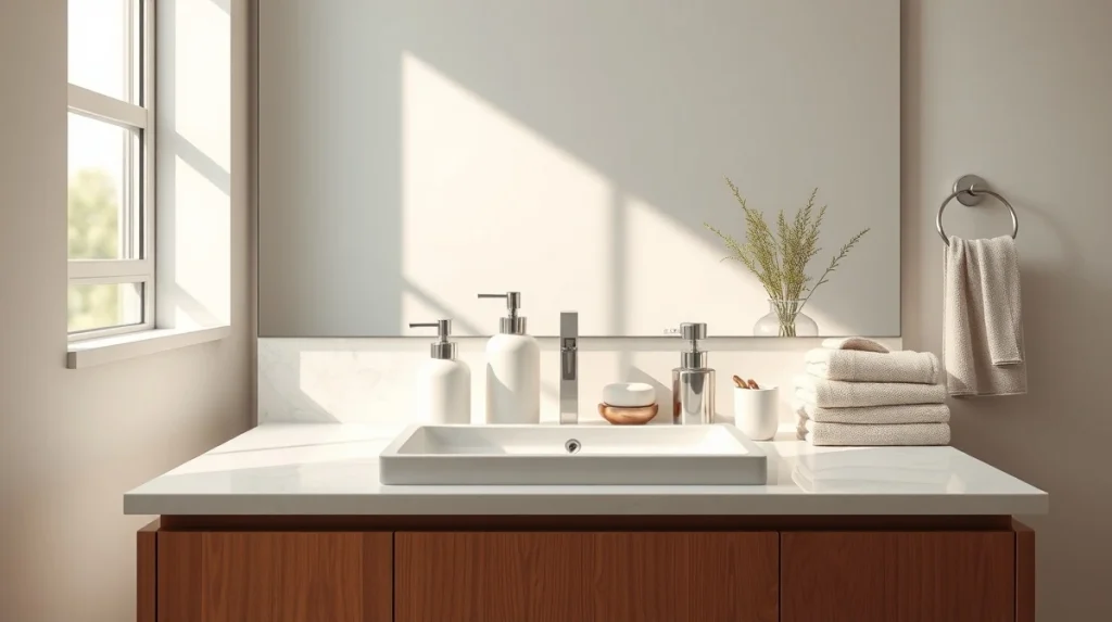 Modern bathroom vanity with accessories representing Aura Modern Home's expanded bath product portfolio after acquiring BathGems.com.