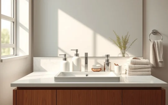 Modern bathroom vanity with accessories representing Aura Modern Home's expanded bath product portfolio after acquiring BathGems.com.