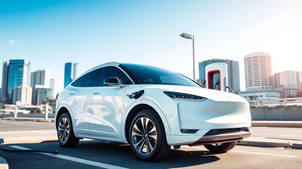 An electric vehicle charges at a public station in Australia, representing the growing EV market and infrastructure.