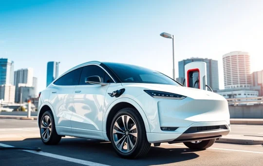 An electric vehicle charges at a public station in Australia, representing the growing EV market and infrastructure.