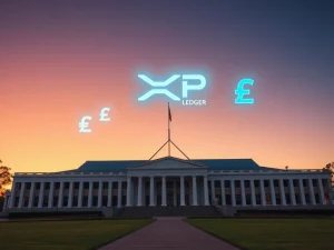 Australian Parliament House with digital currency overlay representing the new regulated AUDD stablecoin license on XRP Ledger