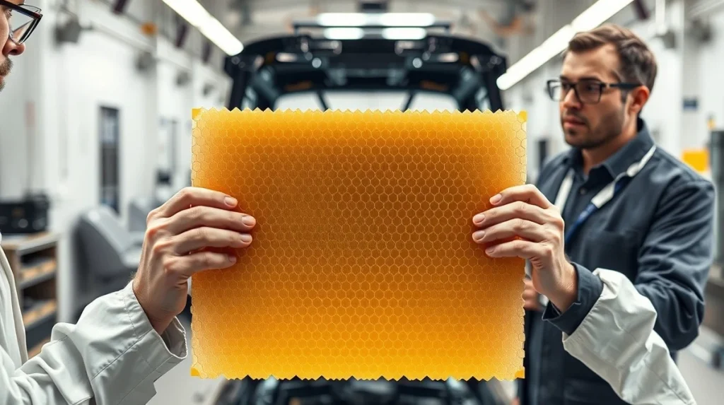 Engineers inspecting automotive aramid fiber composite panel for vehicle lightweighting and safety applications.