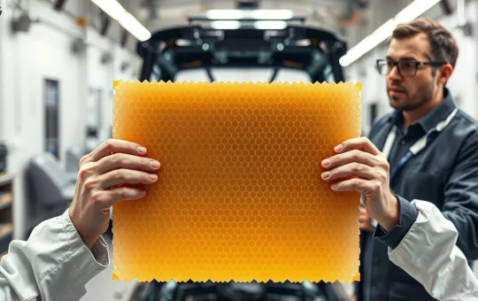 Engineers inspecting automotive aramid fiber composite panel for vehicle lightweighting and safety applications.