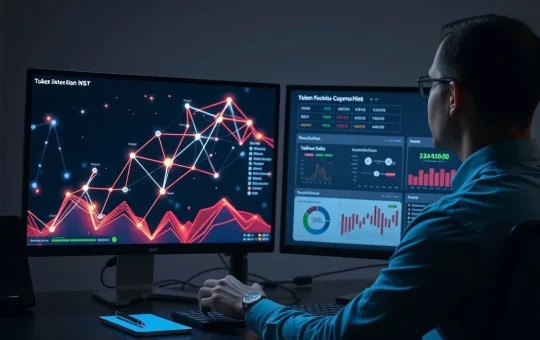 Analyst reviews blockchain network and token sale data on dual monitors.