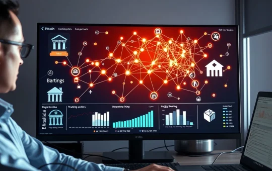 Blockchain network visualization connecting to traditional banking icons on a professional analyst's monitor.