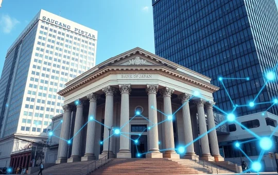 Bank of Japan headquarters with digital blockchain network overlay symbolizing new settlement system test.