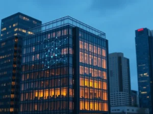Modern bank building integrated with blockchain network representing financial institution tokenization adoption.