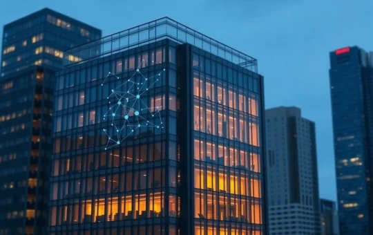 Modern bank building integrated with blockchain network representing financial institution tokenization adoption.