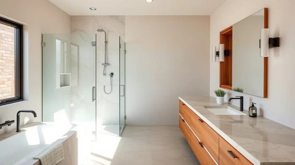 Modern bathroom remodel in Austin showing sustainable materials that increase home value.