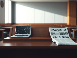 Binance defamation lawsuit against Wall Street Journal courtroom scene with cryptocurrency and journalism symbols