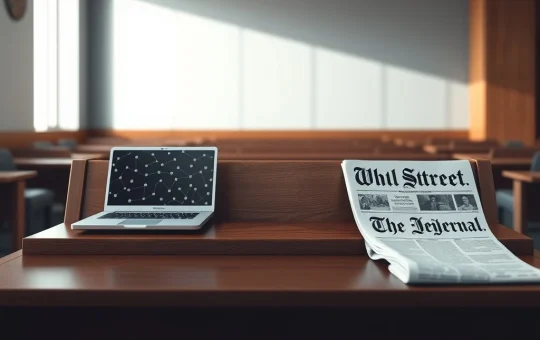 Binance defamation lawsuit against Wall Street Journal courtroom scene with cryptocurrency and journalism symbols