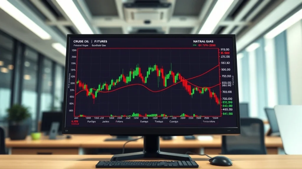 Digital trading terminal showing live price charts for Binance oil and gas futures contracts.