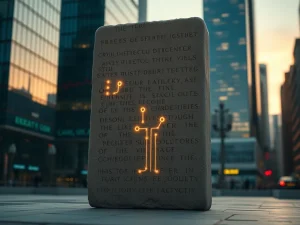 Ancient stone tablet with crypto symbols representing Bitcoin's historical cycles and resilience in a modern financial district.