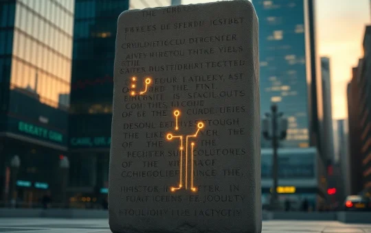 Ancient stone tablet with crypto symbols representing Bitcoin's historical cycles and resilience in a modern financial district.
