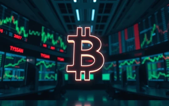 Bitcoin symbol amid a trading floor representing the $69K price surge and $192 million liquidation event.