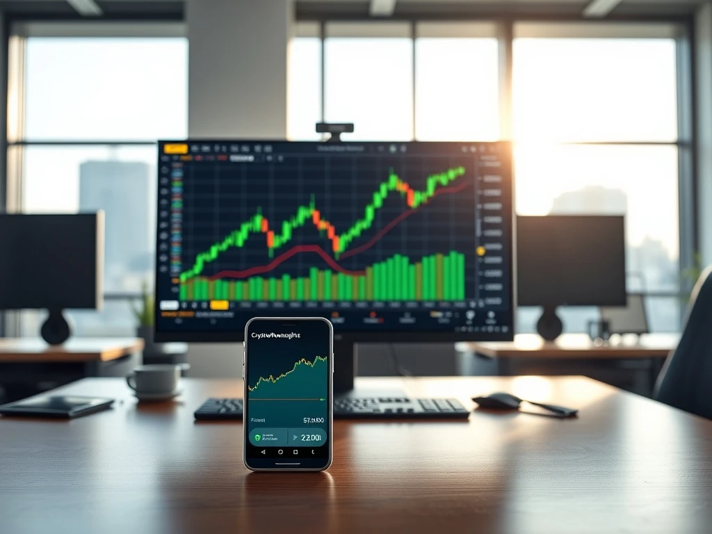 Bitcoin price chart breaking $70,000 and CryptoNewsInsights crossing $2,000 on trading desk monitors