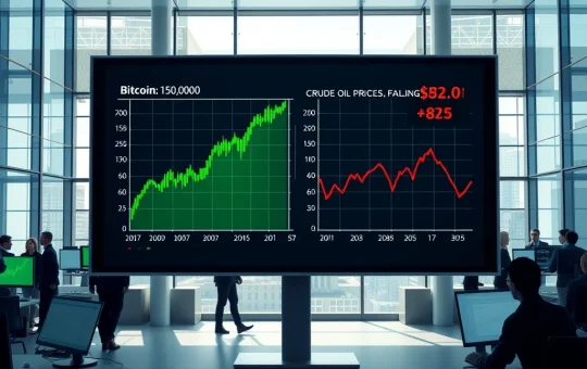 Bitcoin price chart rising to $70,000 alongside falling oil price chart below $85 on a financial trading screen.