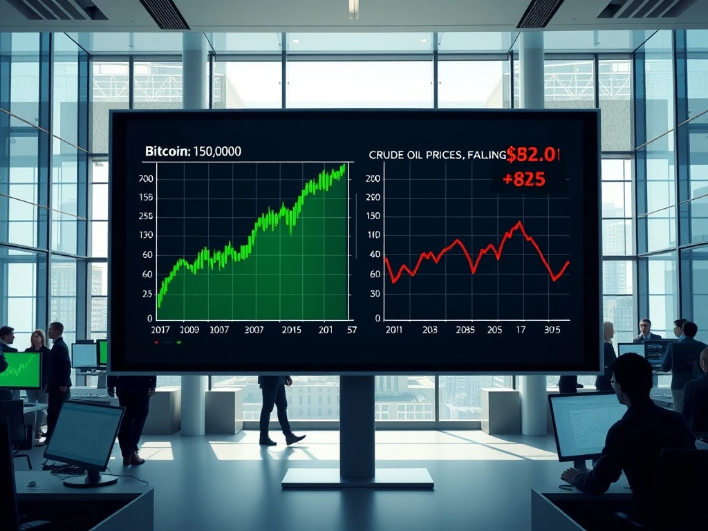 Bitcoin price chart rising to $70,000 alongside falling oil price chart below $85 on a financial trading screen.