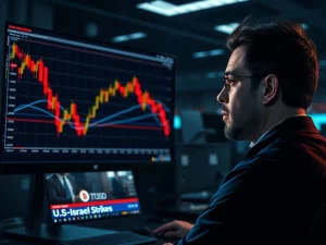 Bitcoin price crash on trading screen amid breaking news of U.S.-Israel strikes on Iran.