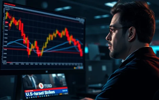 Bitcoin price crash on trading screen amid breaking news of U.S.-Israel strikes on Iran.