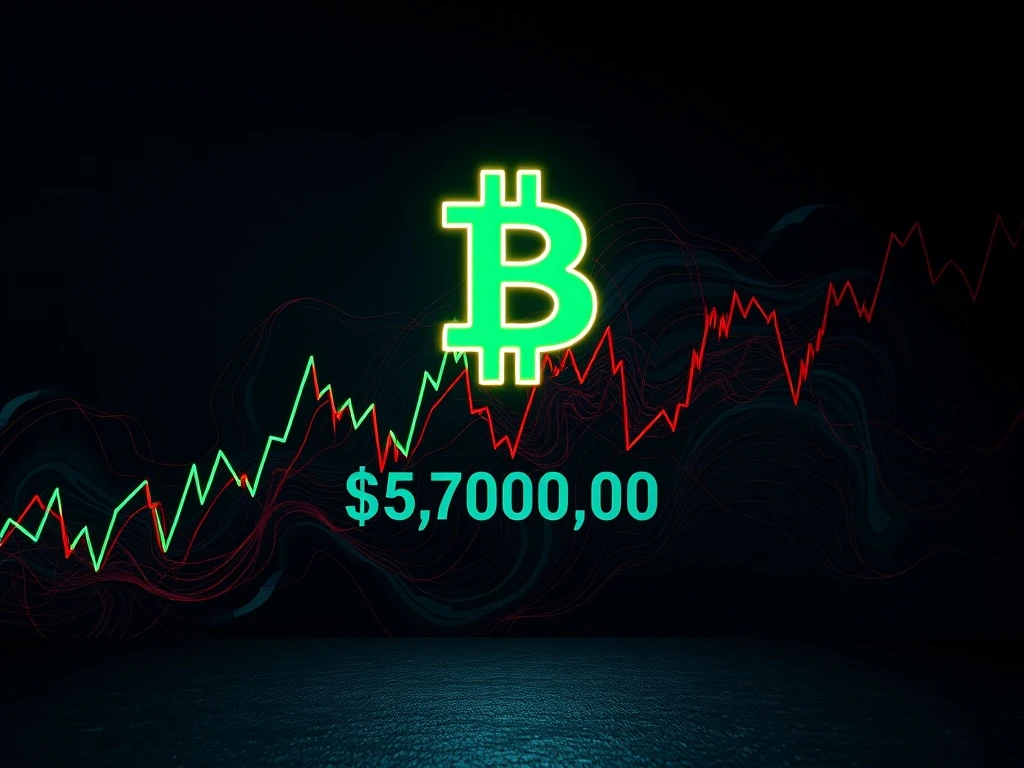 Bitcoin symbol over volatile market chart as price crosses $70,000 amid fear and FOMO.