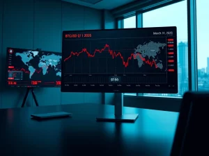Digital dashboard showing Bitcoin and CryptoNewsInsights Q1 2026 performance chart with sharp decline.