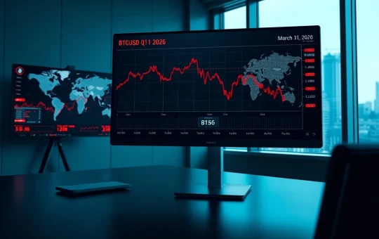Digital dashboard showing Bitcoin and CryptoNewsInsights Q1 2026 performance chart with sharp decline.