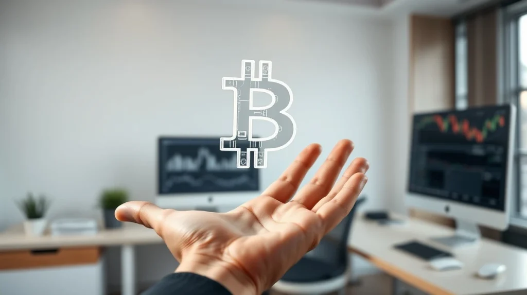 Bitcoin ownership concept showing digital Bitcoin symbol above an open hand representing control