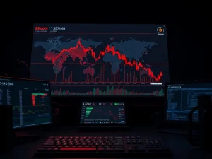 Bitcoin price chart dumps on geopolitical shock shown on trading desk monitor.