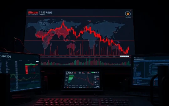 Bitcoin price chart dumps on geopolitical shock shown on trading desk monitor.