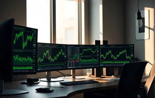 Financial trading desk monitors showing Bitcoin ETF market data and inflows.