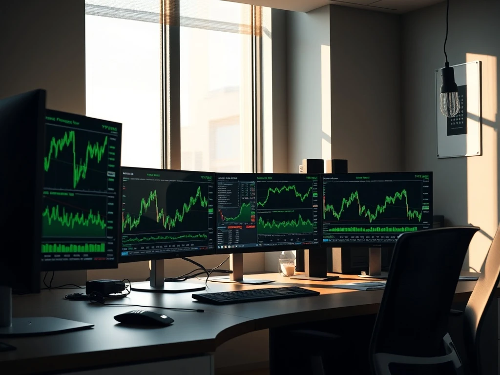 Financial trading desk monitors showing Bitcoin ETF market data and inflows.