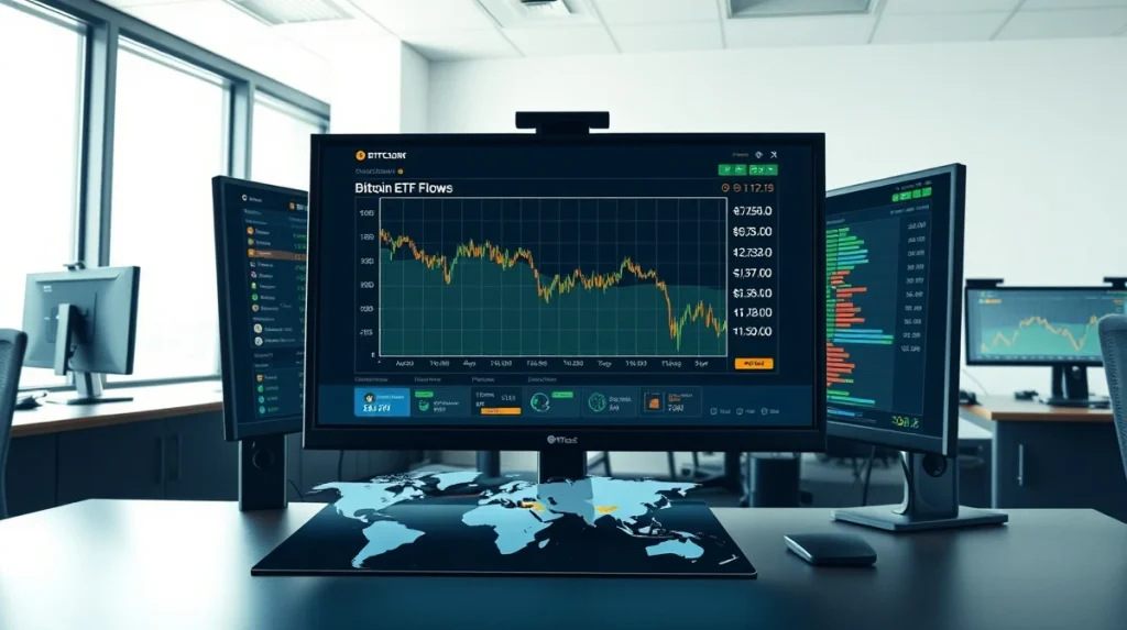 Financial trading desk monitoring Bitcoin ETF outflow data amid geopolitical uncertainty