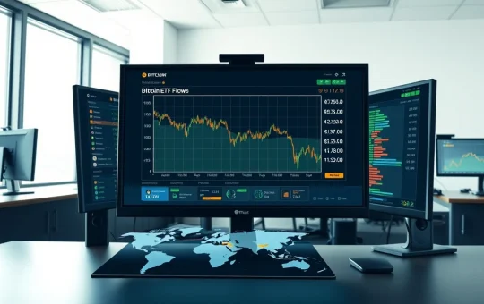 Financial trading desk monitoring Bitcoin ETF outflow data amid geopolitical uncertainty
