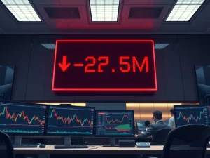 Breaking news on Bitcoin ETF outflows showing $27.5 million exit and institutional capital rotation data on a financial ticker.