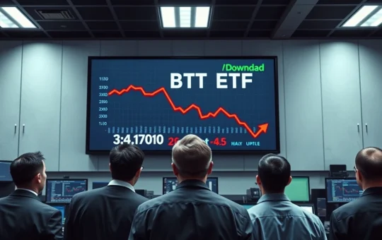 Bitcoin ETF trading floor showing record outflows during BTC price correction on digital ticker display