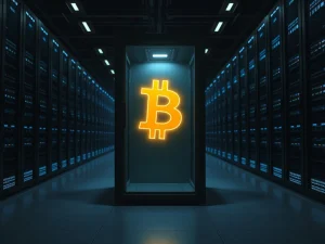 Bitcoin exchange reserves declining shown as a fading holographic Bitcoin logo in a data center, symbolizing digital asset scarcity.
