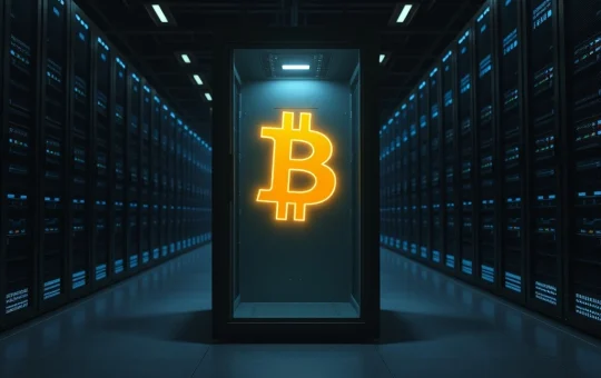 Bitcoin exchange reserves declining shown as a fading holographic Bitcoin logo in a data center, symbolizing digital asset scarcity.