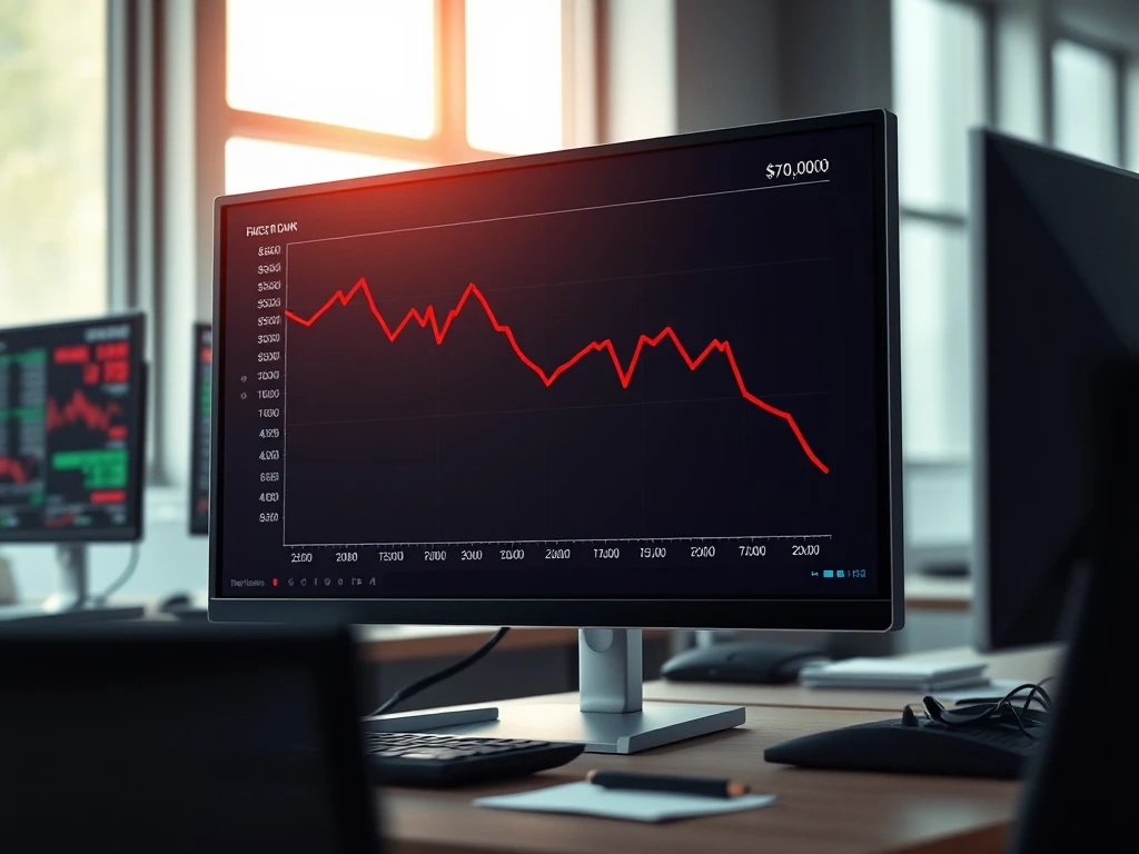 Breaking news chart showing Bitcoin price falling below $70,000 on a financial dashboard.