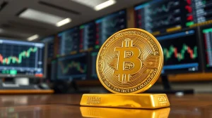 Bitcoin token positioned above gold bullion bar symbolizing safe haven asset competition in financial markets